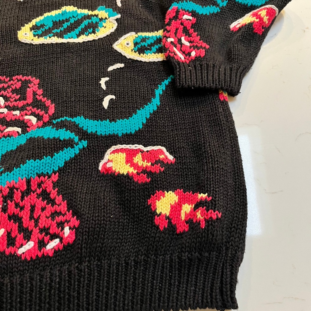 Cape Isle Knitters Vintage Tropical Fish Coral Reef Black Ramie Cotton Sweater L - Picture 2 of 10